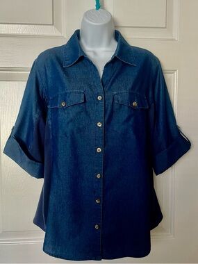 Dark Blue Button-Front Denim-Style Women's Shirt